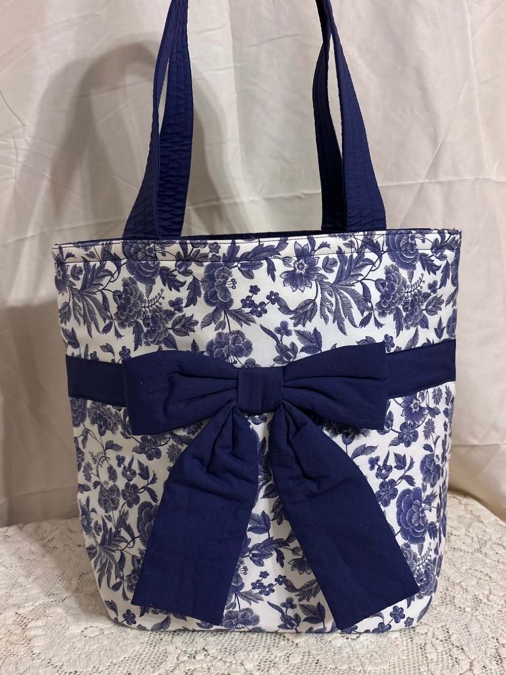 NaRaYa Blue Floral Bow Tote Bag – Elegant Cotton Handbag